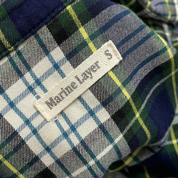Marine Layer The Dahlia Plaid Shirt Green Navy White Yellow Smal - Picture 2 of 12